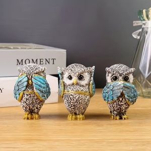 Decorative Owl Figurines Set - Blue and Gold Accents